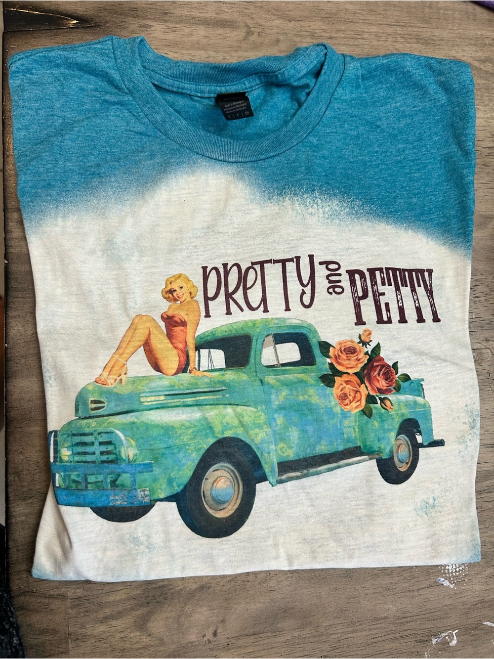 Gildan Teal and White 'Pretty and Petty' Vintage Truck Pinup Tee